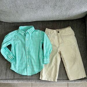 Janie & Jack Gingham Poplin Button Down Shirt in Mint Green with Linen Pants